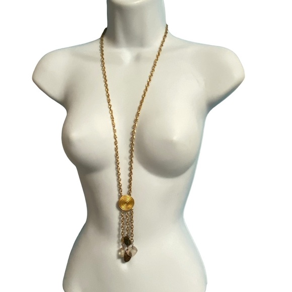 LCi LIZ CLAIBORNE Long Gold Necklace Dangles Toggle Clasp - Picture 1 of 7